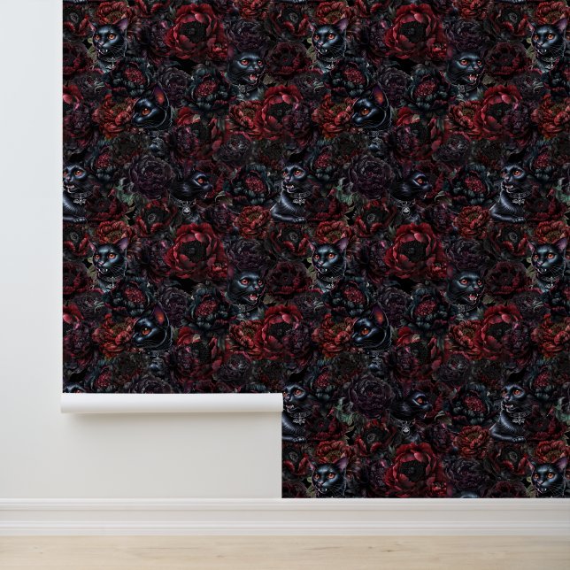 Gothic Black Cat & Dark Flowers Pattern  Wallpaper (Application)