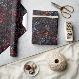 Gothic Black Cat & Dark Flowers Pattern Wrapping Paper