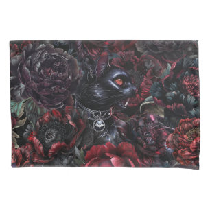 Gothic Black Cat & Dark Flowers Pillow Case