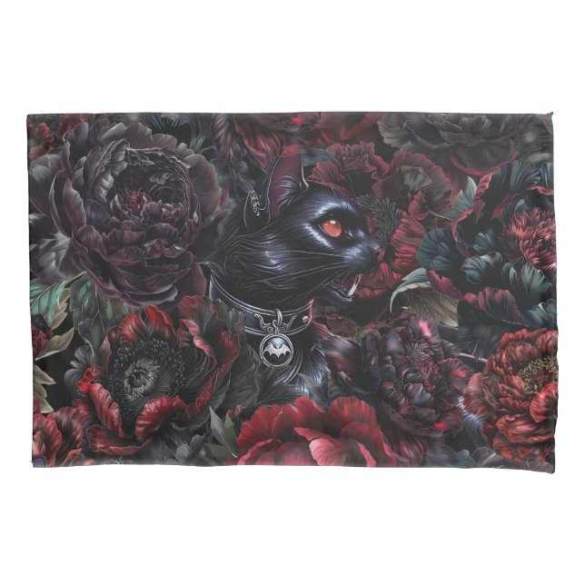 Gothic Black Cat & Dark Flowers  Pillow Case (Front)