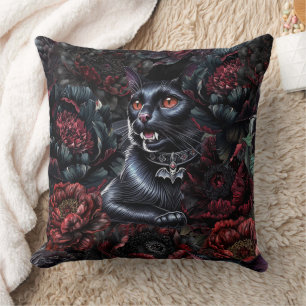 Gothic Black Cat & Dark Flowers Throw Pillow