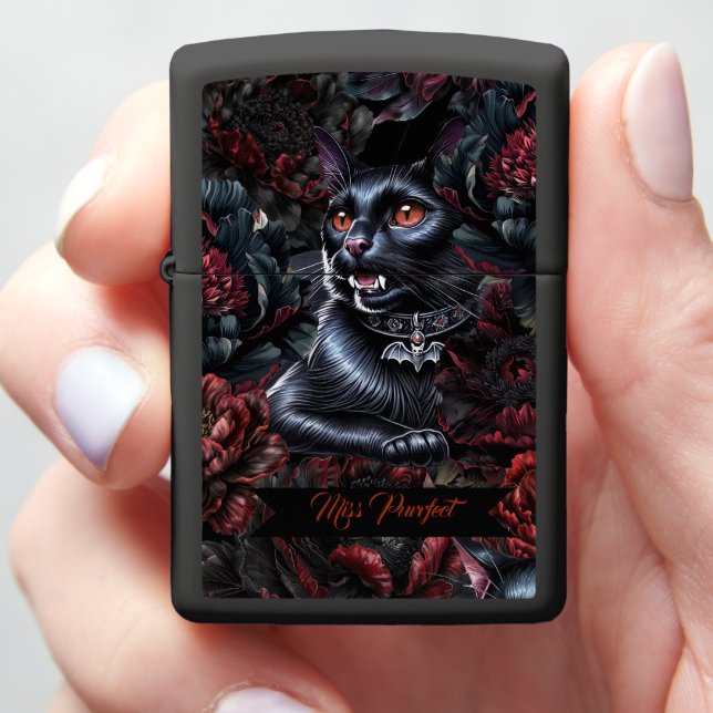 Gothic Black Cat & Dark Flowers Zippo Lighter (In Hand)