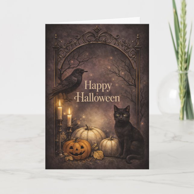 Gothic Black Cat Halloween Card (Front)