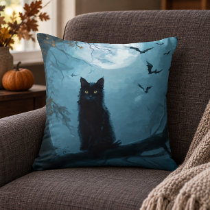 Gothic Black Cat Halloween Pillow