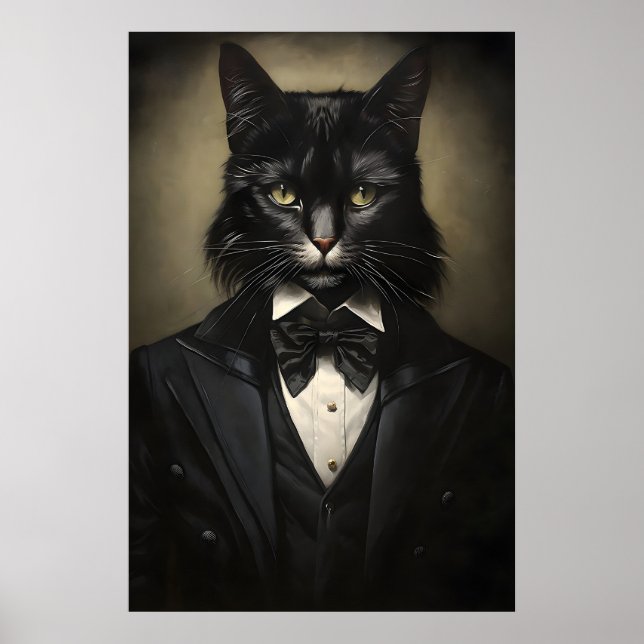 Gothic Black Cat In Suit Print, Dark Academia Poster (Front)