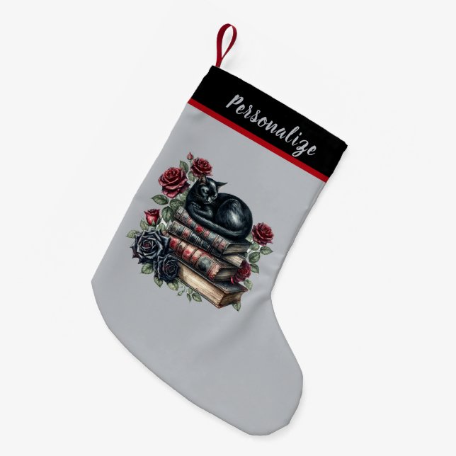 Gothic Black Cat on Books Red Roses Christmas Small Christmas Stocking (Front (Hanging))
