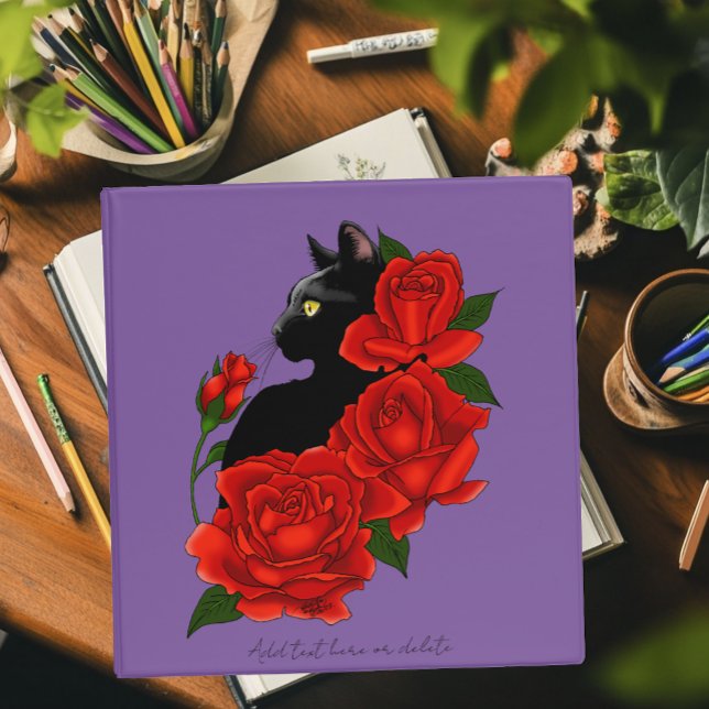 Gothic Black Cat Red Roses Purple 3 Ring Binder (Creator Uploaded)