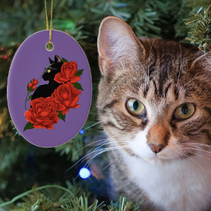 Gothic Black Cat Red Roses Purple Ceramic Ornament