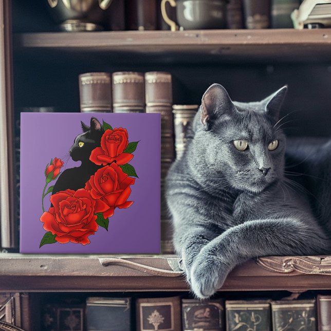Gothic Black Cat Red Roses Purple Ceramic Tile (Creator Uploaded)
