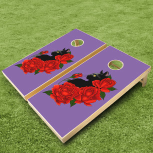 Gothic Black Cat Red Roses Purple Cornhole Set