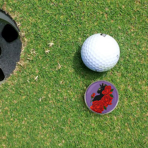 Gothic Black Cat Red Roses Purple Golf Ball Marker