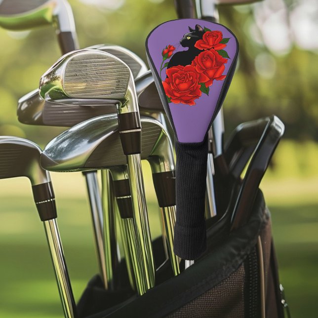 Gothic Black Cat Red Roses Purple Golf Head Cover (Creator Uploaded)