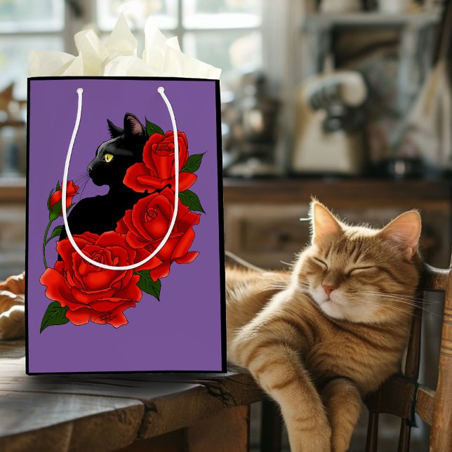 Gothic Black Cat Red Roses Purple Medium Gift Bag (Creator Uploaded)