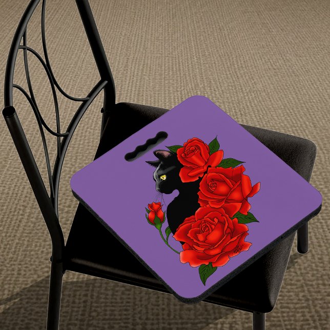 Gothic Black Cat Red Roses Purple Seat Cushion (Creator Uploaded)