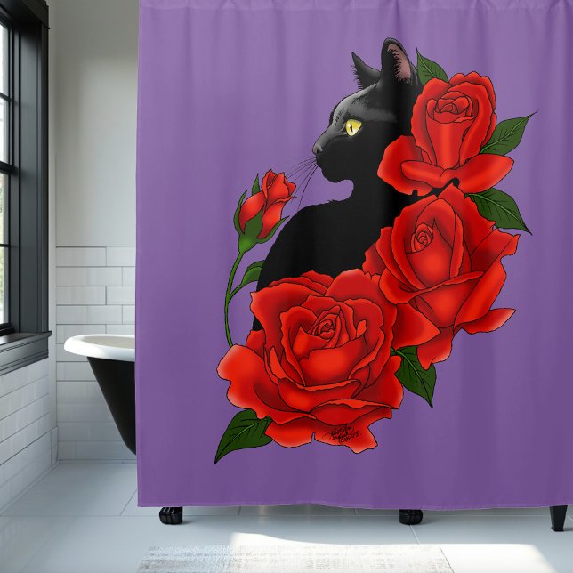 Gothic Black Cat Red Roses Purple Shower Curtain (Creator Uploaded)