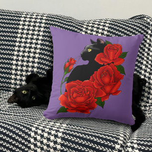 Gothic Black Cat Red Roses Purple Throw Pillow
