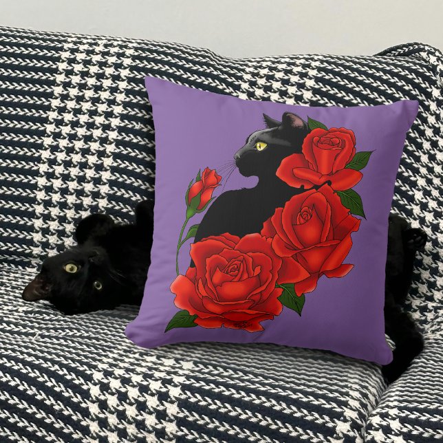 Gothic Black Cat Red Roses Purple Throw Pillow (Creator Uploaded)