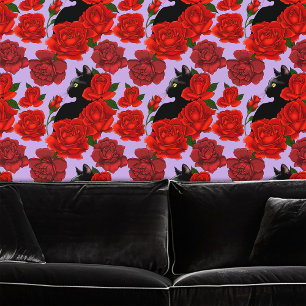 Gothic Black Cat Red Roses Purple Wallpaper