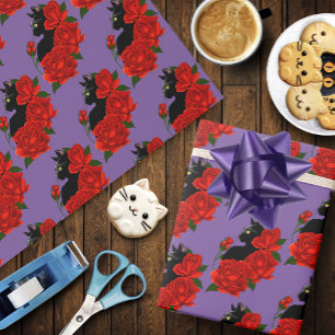 Gothic Black Cat Red Roses Purple Wrapping Paper