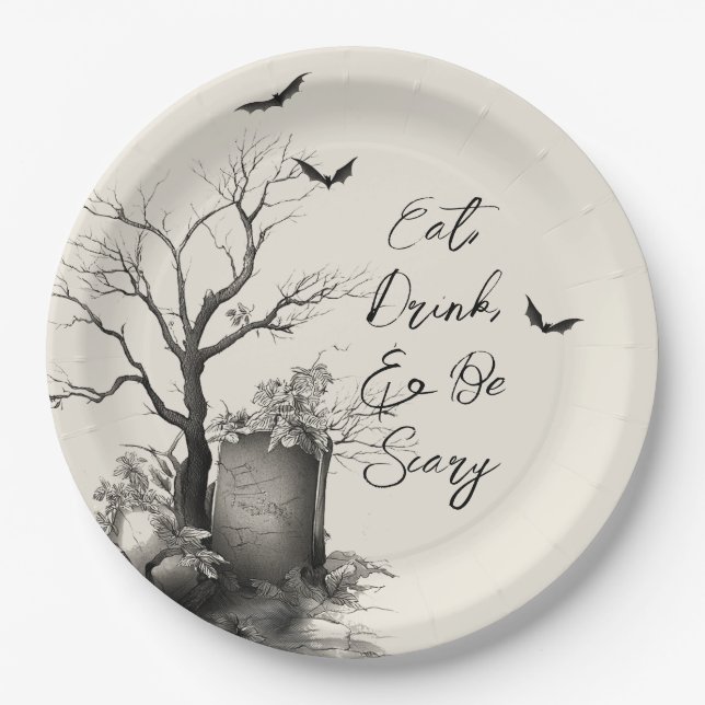 Gothic Black Cat Spooky Halloween Paper Plates (Front)