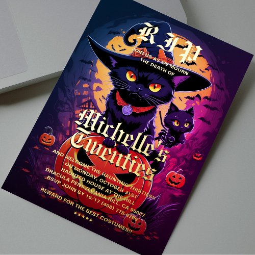 Gothic Black Cat Witch Halloween Birthday Foil Invitation