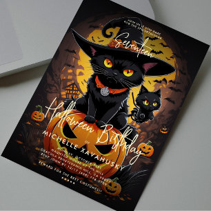 Gothic Black Cat Witch Halloween Birthday Party Invitation
