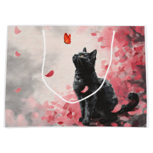 Gothic Black Cat with Crimson Butterfly and Sakura Large Gift Bag