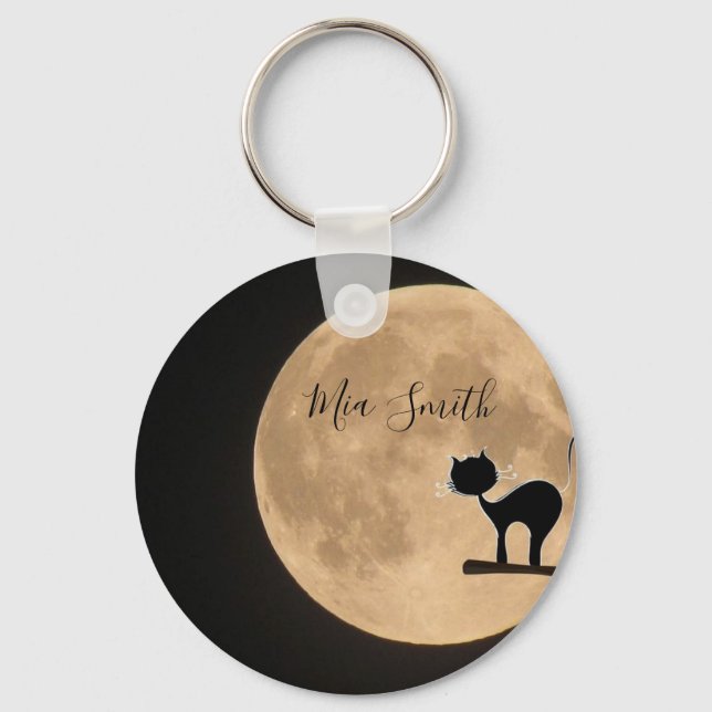Gothic black cat with full moon personal name keychain (Front)