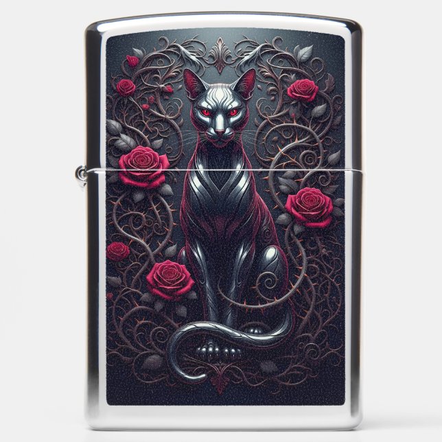 Gothic Black Cat with Red Roses Zippo Lighter (Front)