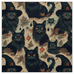 Gothic black cats in witch hat pattern fabric