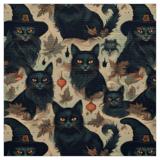 Gothic black cats in witch hat pattern fabric