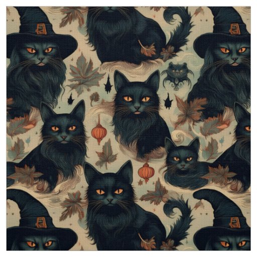 Gothic black cats in witch hat pattern fabric