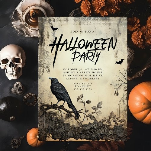 Gothic Black Crow Halloween Party Invitation