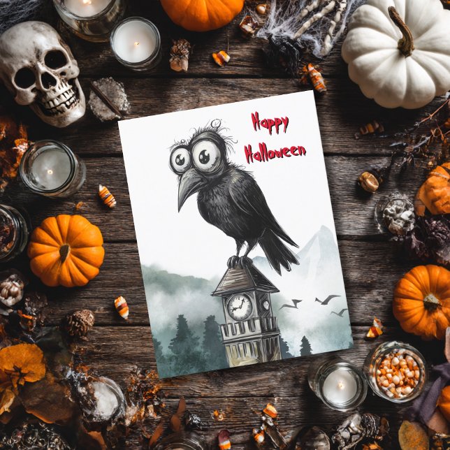 Gothic Black Crow & Tower Spooky Halloween Party Card (Creator Uploaded)