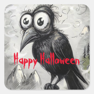 Gothic Black Crow & Tower Spooky Halloween Square Sticker