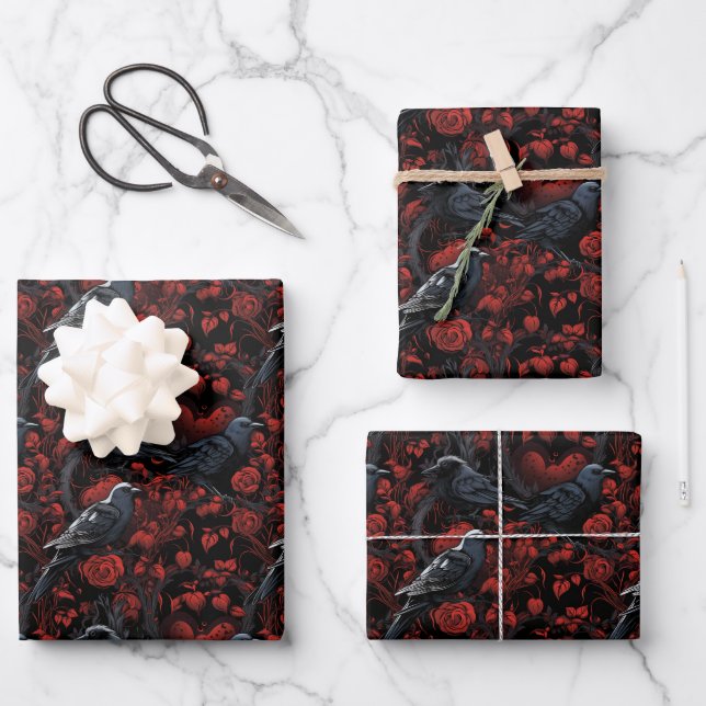 Gothic Black Crows and Red Roses  Wrapping Paper Sheets (Front)