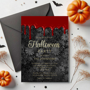 Gothic Black Damask Blood Drip Halloween Gold Foil Invitation