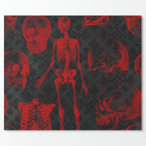 Gothic Black Damask Crimson skeletons Wrapping Paper