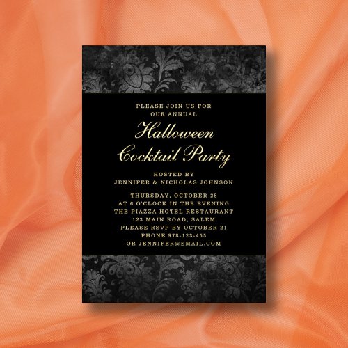 Gothic Black Damask Halloween Cocktail Gold Foil Invitation