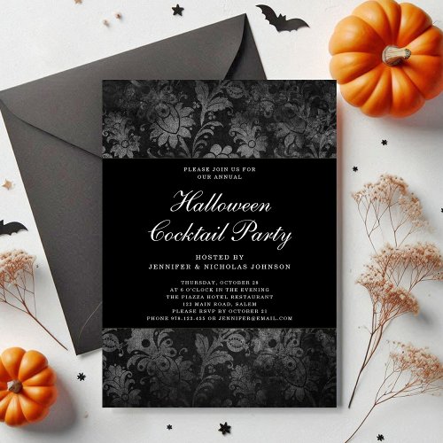 Gothic Black Damask Halloween Cocktail Party Invitation