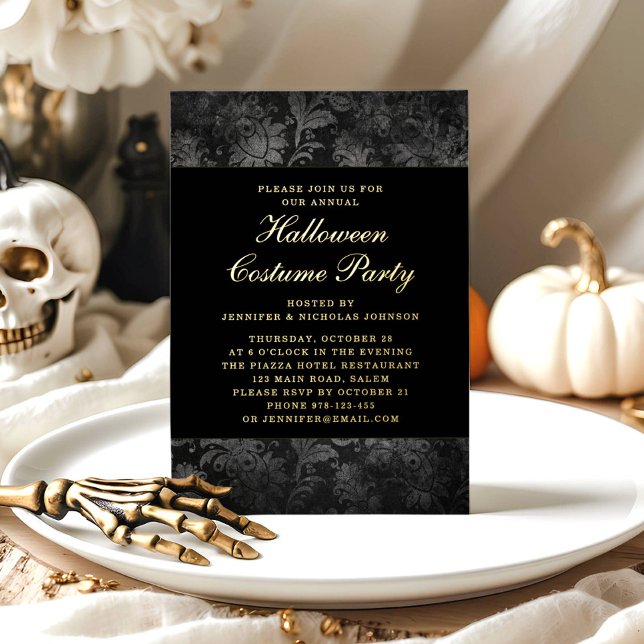 Gothic Black Damask Halloween Costume Gold Foil Invitation (Gothic Black Damask Halloween Costume Gold Foil Invitation)