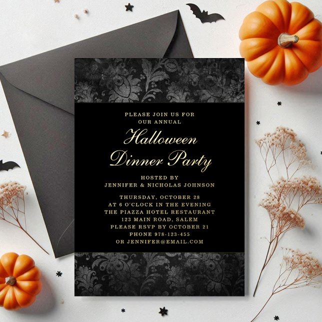 Gothic Black Damask Halloween Dinner Gold Foil Foil Invitation (Gothic Black Damask Halloween Dinner Gold Foil Foil Invitation)