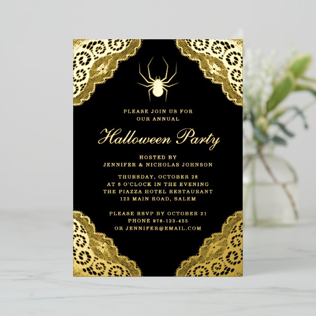 Gothic Black Damask Halloween Party Gold Foil Invi Foil Invitation (Standing Front)