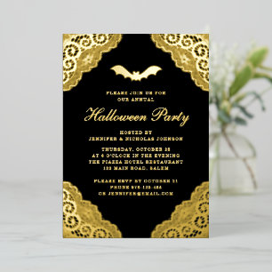 Gothic Black Damask Halloween Party Gold Foil Invi Invitation