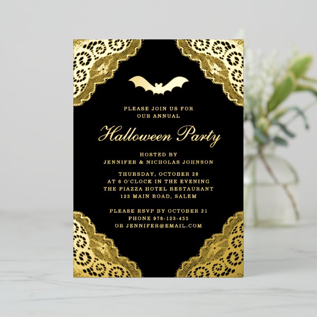 Gothic Black Damask Halloween Party Gold Foil Invi Invitation (Standing Front)