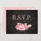 Gothic Black damask pink rose bridal shower Invitation Postcard (Front/Back)
