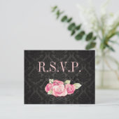 Gothic Black damask pink rose bridal shower Invitation Postcard (Standing Front)