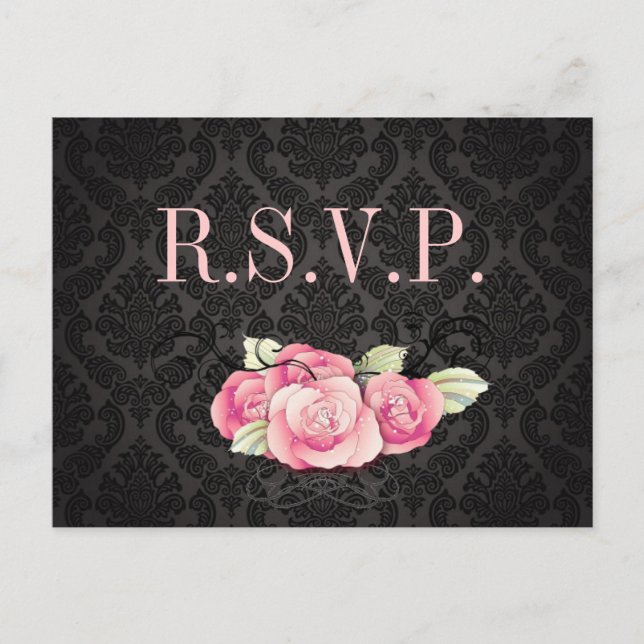 Gothic Black damask pink rose bridal shower Invitation Postcard (Front)