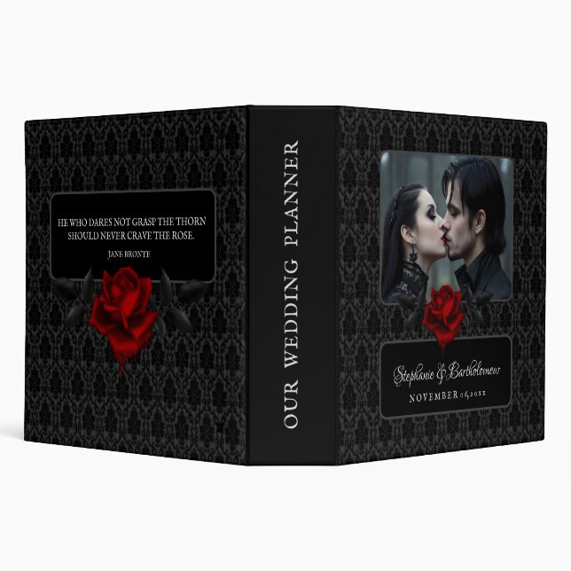 Gothic Black Damask Rose Wedding 3 Ring Binder (Background)