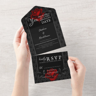 Gothic Black Damask Rose Wedding All In One Invitation